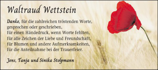 Traueranzeige von Waltraud Wettstein von Schwetzinger Zeitung