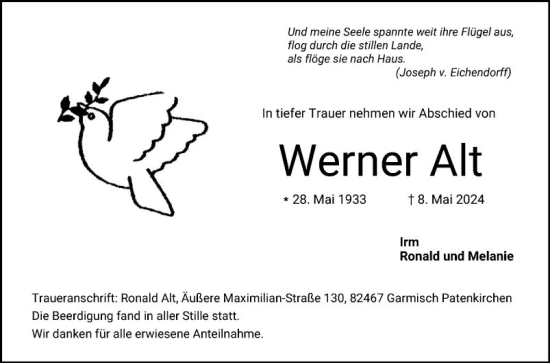 Traueranzeige von Werner Alt von Bergsträßer Anzeiger