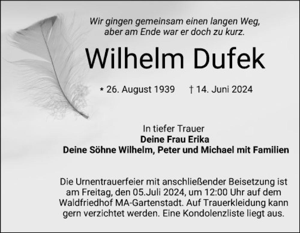  Traueranzeige für Wilhelm Dufek vom 29.06.2024 aus Mannheimer Morgen