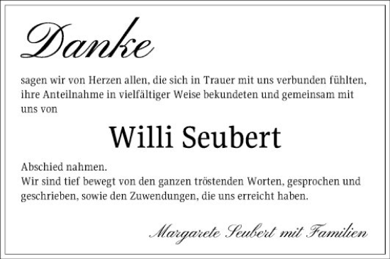 Traueranzeige von Willi Seubert von Fränkische Nachrichten
