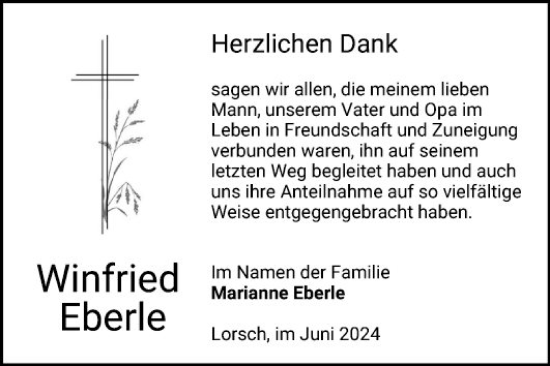 Traueranzeige von Winfried Eberle von Bergsträßer Anzeiger