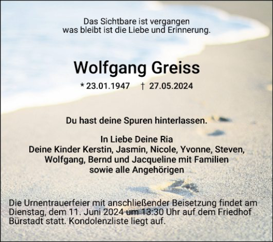 Traueranzeige von Wolfgang Greiss von Mannheimer Morgen