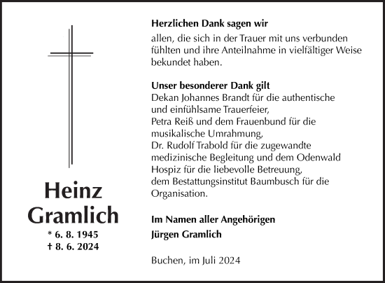 Traueranzeige von Heinz Gramlich von Fränkische Nachrichten
