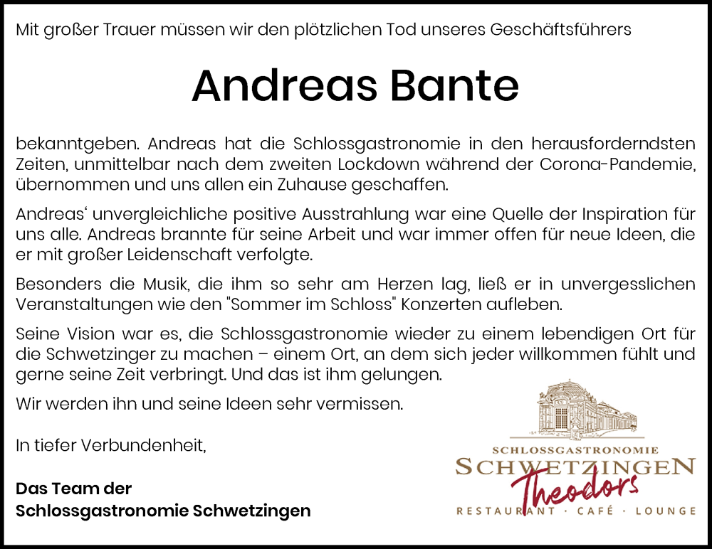  Traueranzeige für Andreas Bante vom 06.07.2024 aus Schwetzinger Zeitung vom 06.07.2024