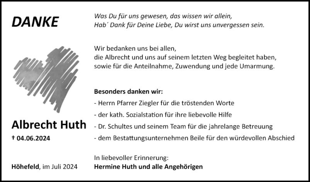  Traueranzeige für Albrecht Huth vom 04.07.2024 aus Fränkische Nachrichten
