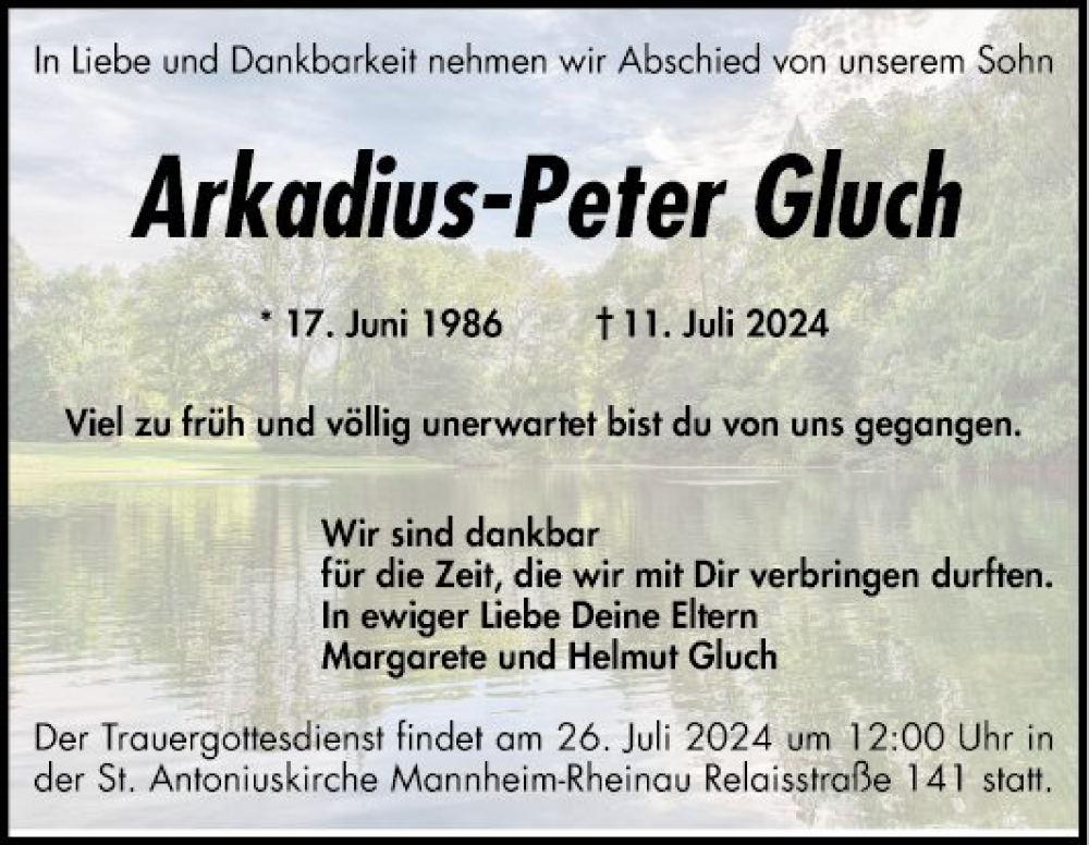  Traueranzeige für Arkadius-Peter Gluch vom 20.07.2024 aus Mannheimer Morgen