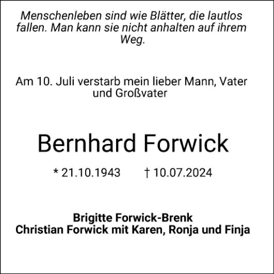 Traueranzeige von Bernhard Forwick von Schwetzinger Zeitung