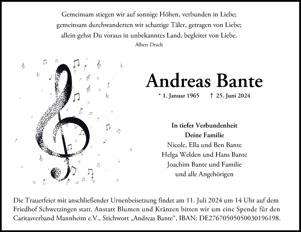  Traueranzeige für Andreas Bante vom 06.07.2024 aus Schwetzinger Zeitung vom 06.07.2024