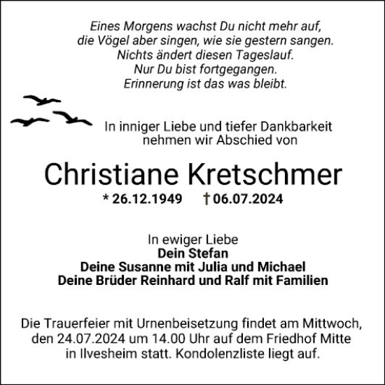 Traueranzeige von Christiane Kretschmer von Mannheimer Morgen