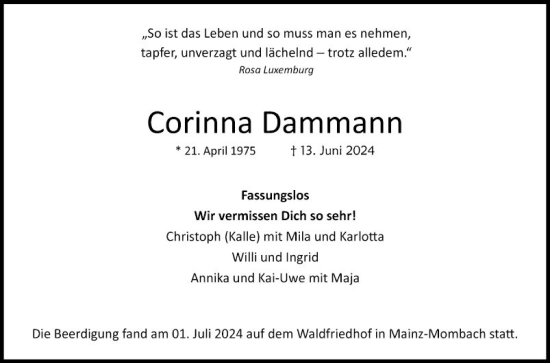 Traueranzeige von Corinna Dammann von Schwetzinger Zeitung