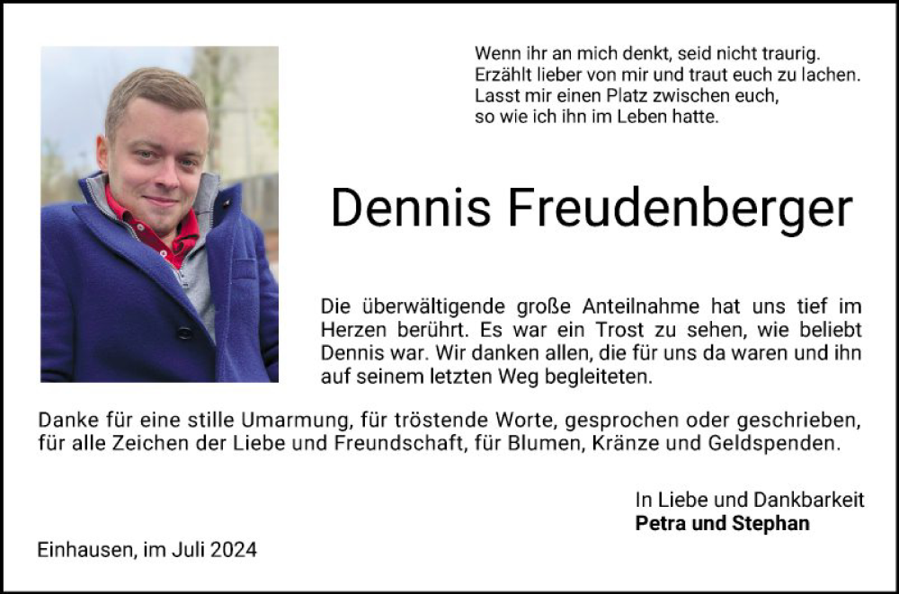  Traueranzeige für Dennis Freudenberger vom 27.07.2024 aus Bergsträßer Anzeiger