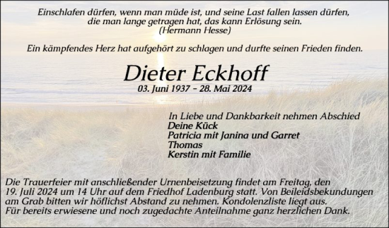 Traueranzeige von Dieter Eckhoff von Mannheimer Morgen