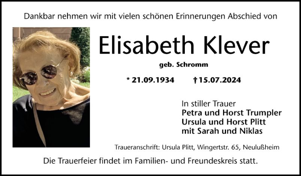  Traueranzeige für Elisabeth Klever vom 20.07.2024 aus Schwetzinger Zeitung