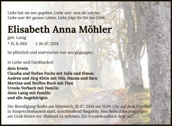 Traueranzeige von Elisabeth Anna Möhler von Fränkische Nachrichten