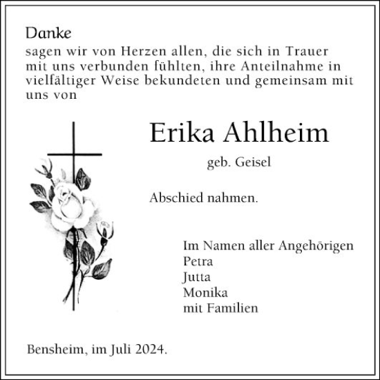 Traueranzeige von Erika Ahlheim von Bergsträßer Anzeiger