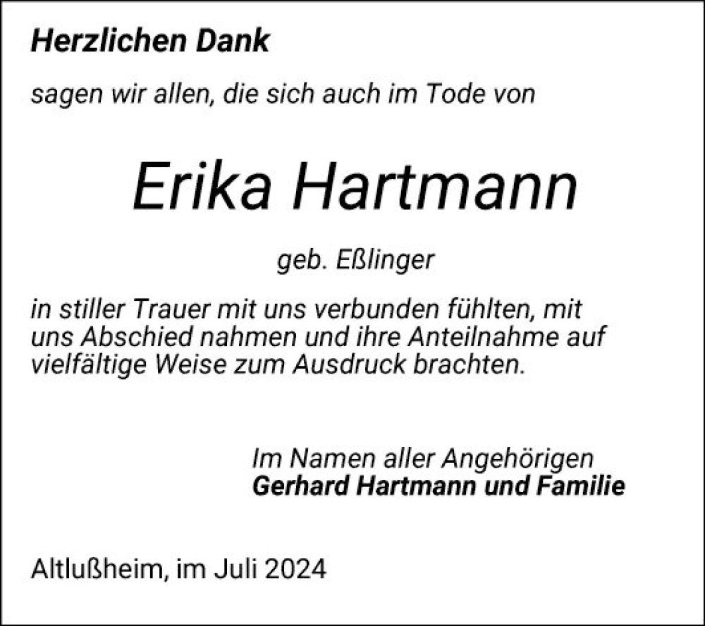  Traueranzeige für Erika Hartmann vom 13.07.2024 aus Schwetzinger Zeitung