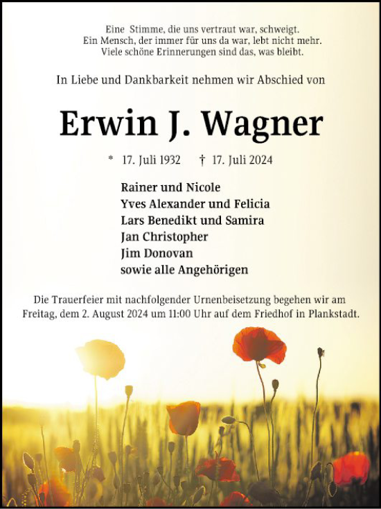 Traueranzeige von Erwin Wagner von Schwetzinger Zeitung