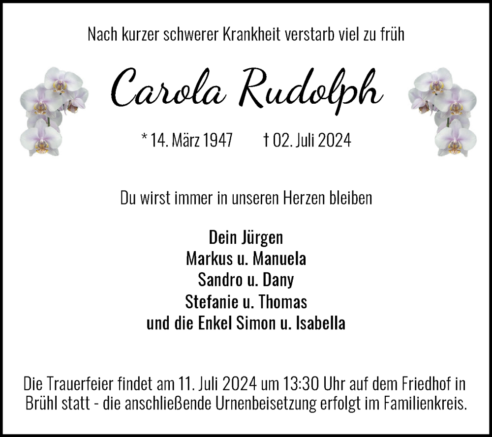  Traueranzeige für Carola Rudolph vom 06.07.2024 aus Schwetzinger Zeitung