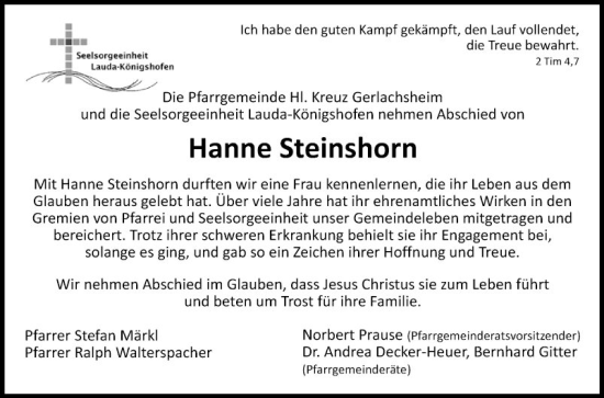 Traueranzeige von Hanne Steinshorn von Fränkische Nachrichten
