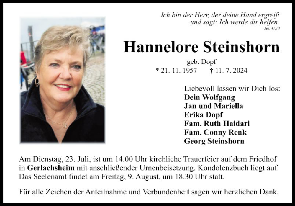  Traueranzeige für Hannelore Steinshorn vom 19.07.2024 aus Fränkische Nachrichten