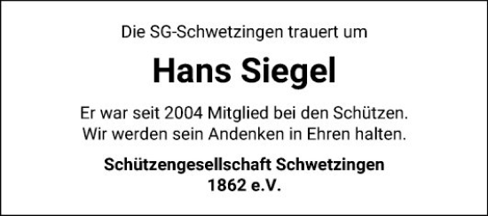 Traueranzeige von Hans Siegel von Schwetzinger Zeitung