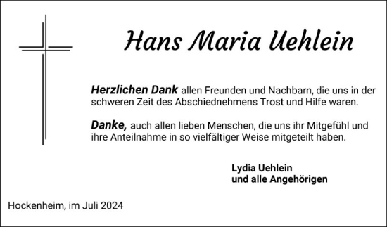 Traueranzeige von Hans Maria Uehlein von Schwetzinger Zeitung