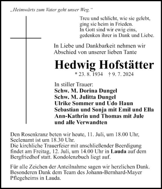 Traueranzeige von Hedwig Hofstätter von Fränkische Nachrichten