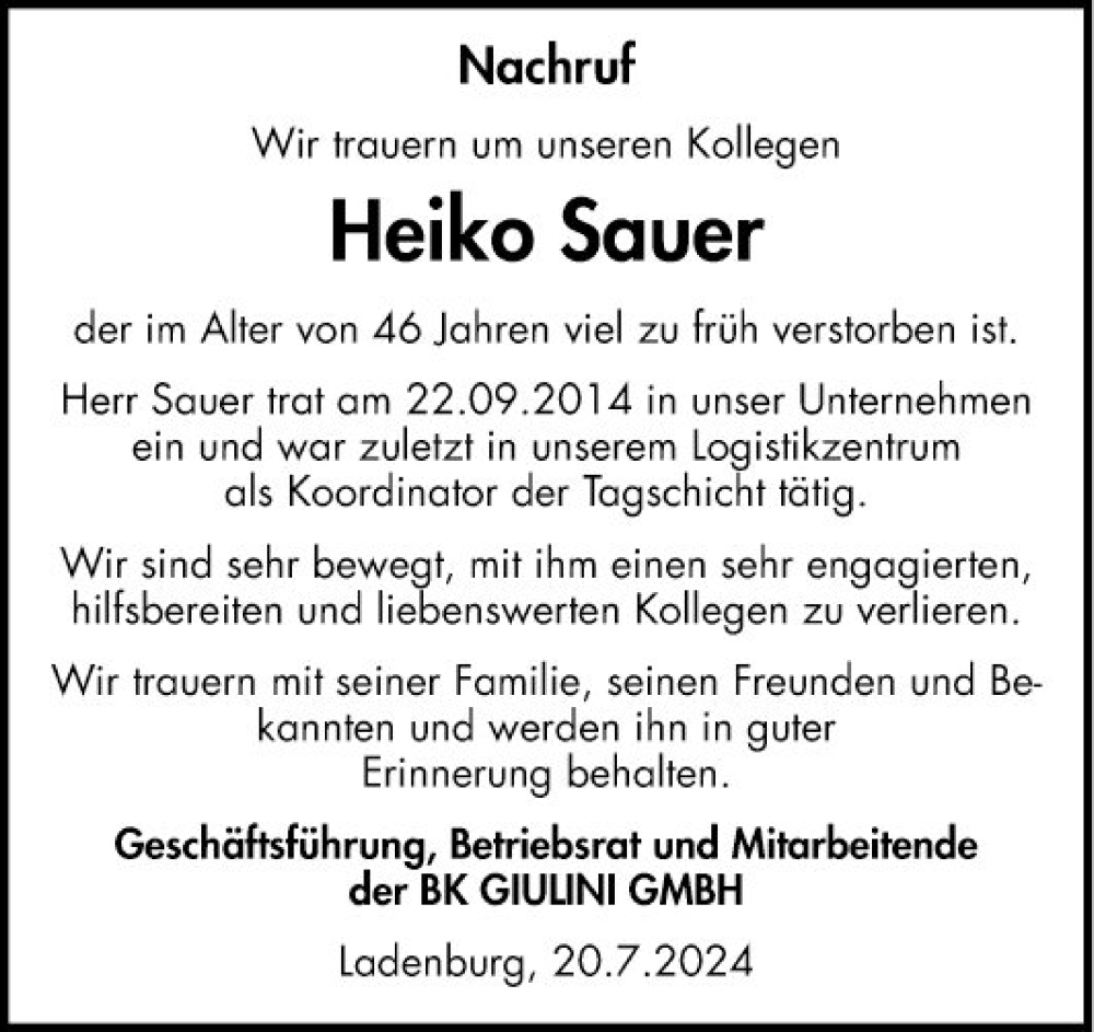  Traueranzeige für Heiko Sauer vom 20.07.2024 aus Mannheimer Morgen