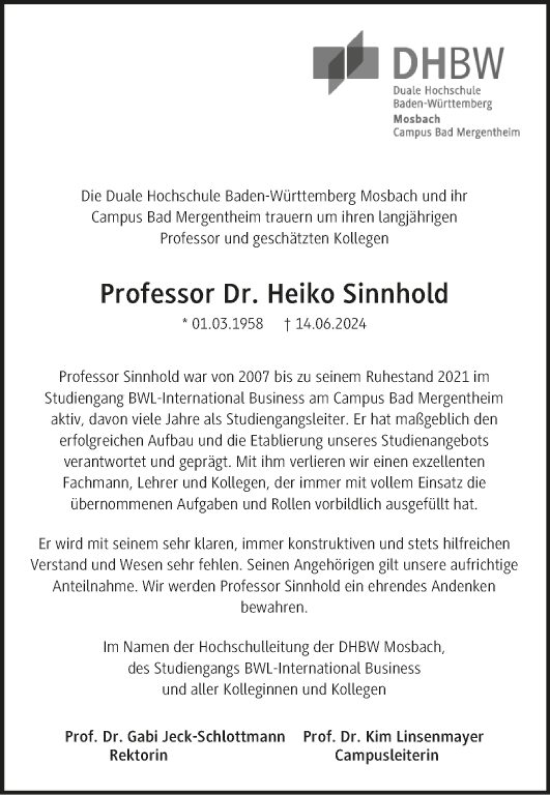 Traueranzeige von Heiko Sinnhold von Fränkische Nachrichten