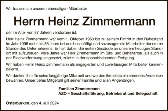 Traueranzeige von Heinz Zimmermann von Fränkische Nachrichten