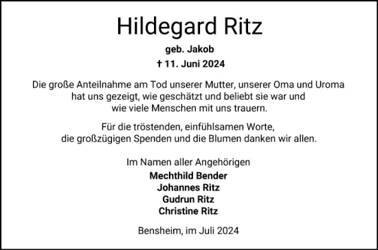 Traueranzeige von Hildegard Ritz von Bergsträßer Anzeiger
