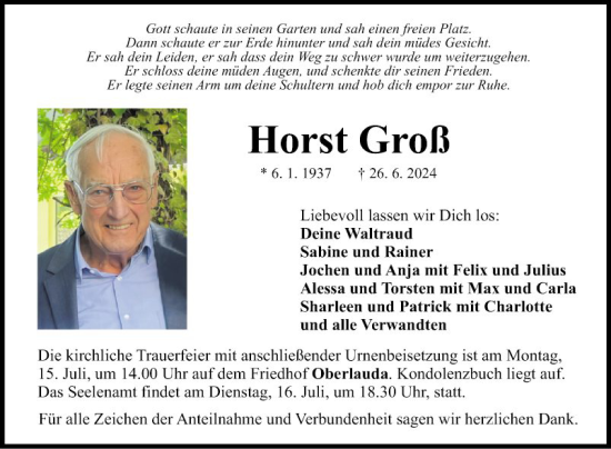 Traueranzeige von Horst Groß von Fränkische Nachrichten