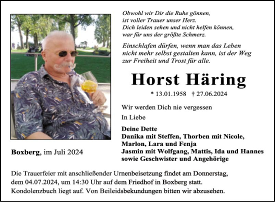 Traueranzeige von Horst Häring von Fränkische Nachrichten