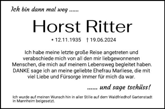 Traueranzeige von Horst Ritter von Mannheimer Morgen