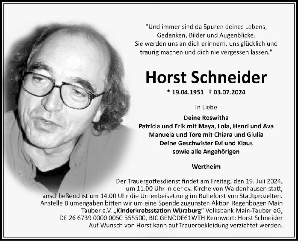  Traueranzeige für Horst Schneider vom 13.07.2024 aus Fränkische Nachrichten