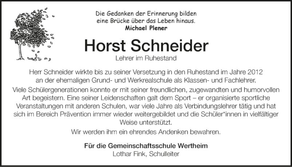  Traueranzeige für Horst Schneider vom 13.07.2024 aus Fränkische Nachrichten