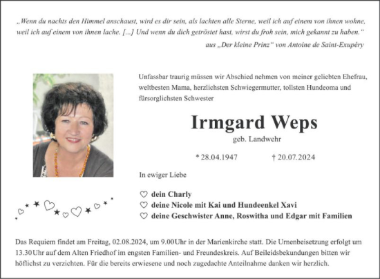 Traueranzeige von Irmgard Weps von Fränkische Nachrichten