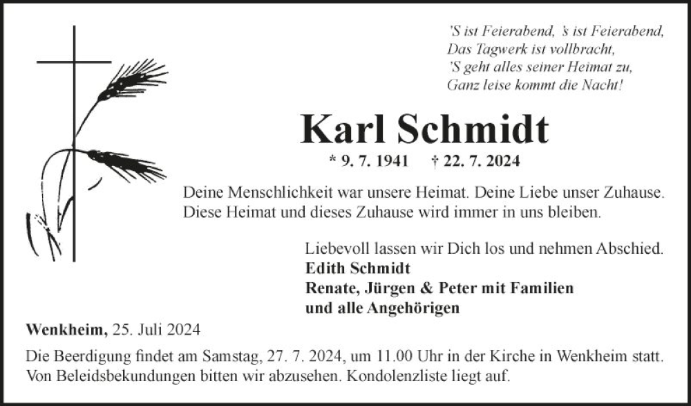  Traueranzeige für Karl Schmidt vom 25.07.2024 aus Fränkische Nachrichten