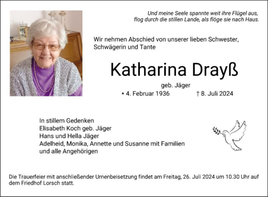 Traueranzeige von Katharina Drayß von Bergsträßer Anzeiger