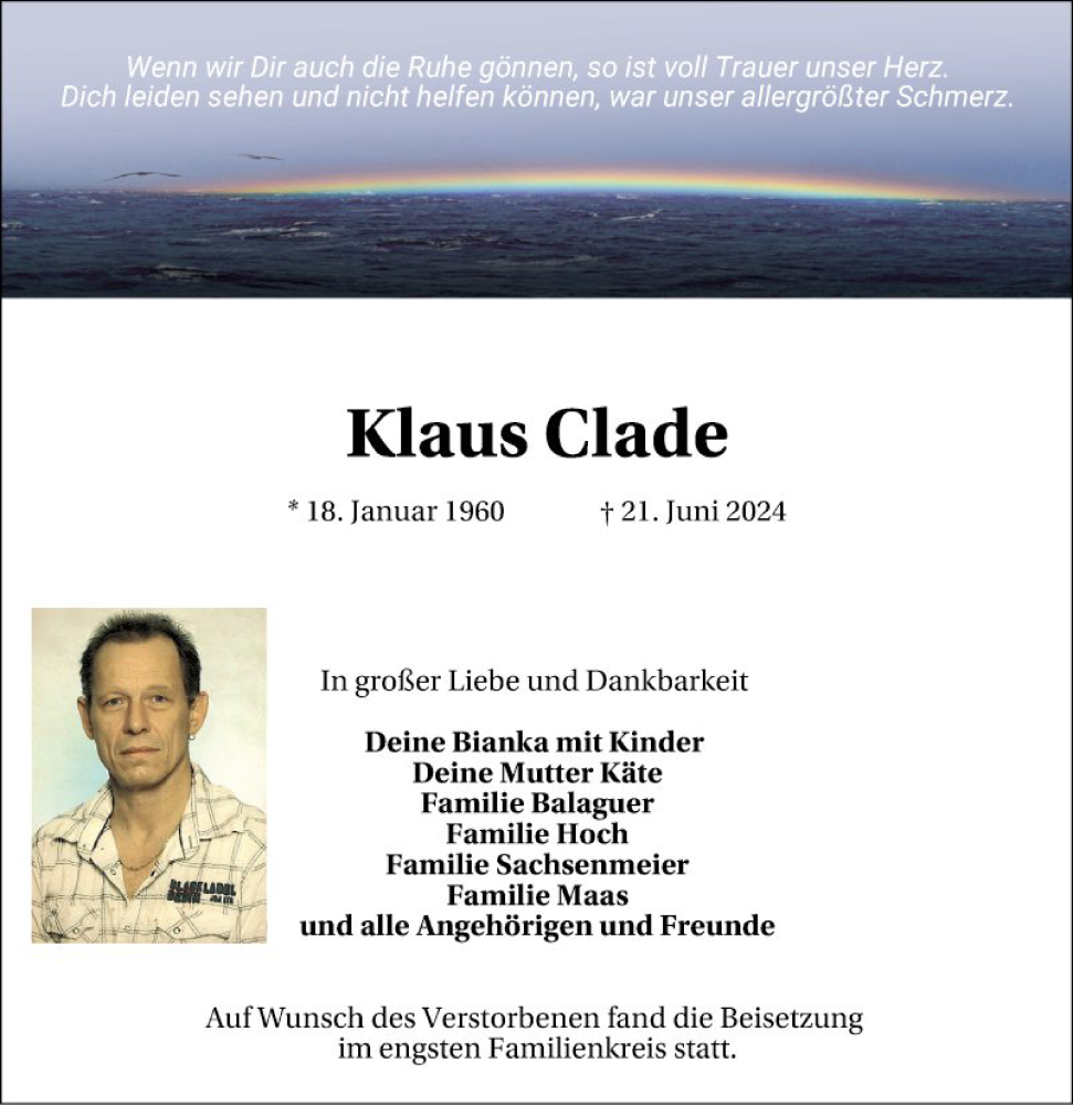  Traueranzeige für Klaus Clade vom 20.07.2024 aus Mannheimer Morgen