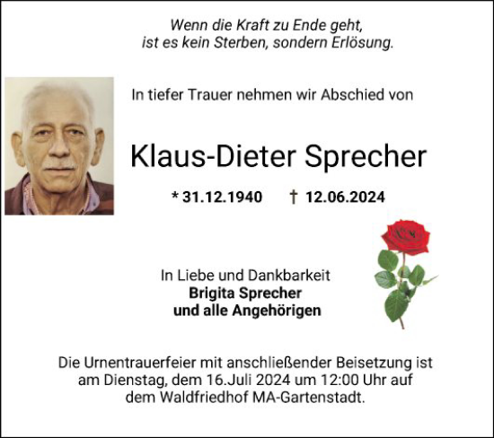 Traueranzeige von Klaus-Dieter Sprecher von Mannheimer Morgen