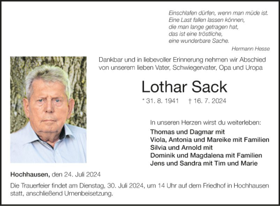 Traueranzeige von Lothar Sack von Fränkische Nachrichten