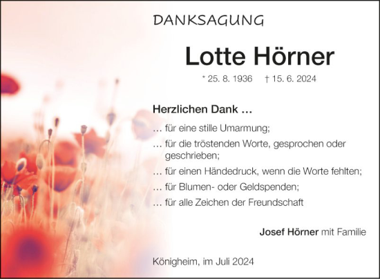 Traueranzeige von Lotte Hörner von Fränkische Nachrichten