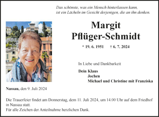 Traueranzeige von Margit Pflüger-Schmidt von Fränkische Nachrichten