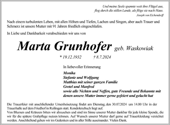 Traueranzeige von Marta Grunhofer von Schwetzinger Zeitung