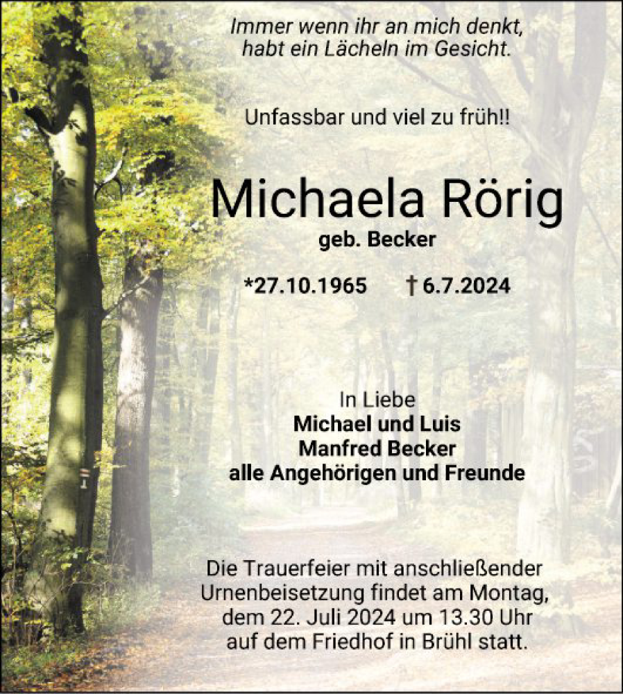  Traueranzeige für Michaela Rörig vom 13.07.2024 aus Schwetzinger Zeitung