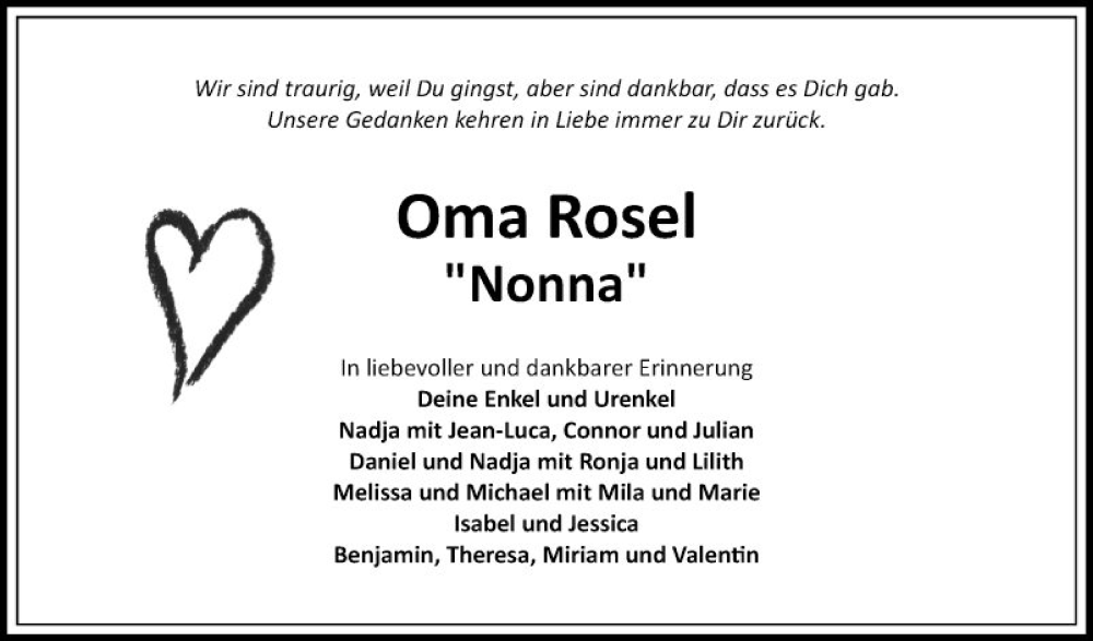  Traueranzeige für Oma Rosel vom 11.07.2024 aus Fränkische Nachrichten