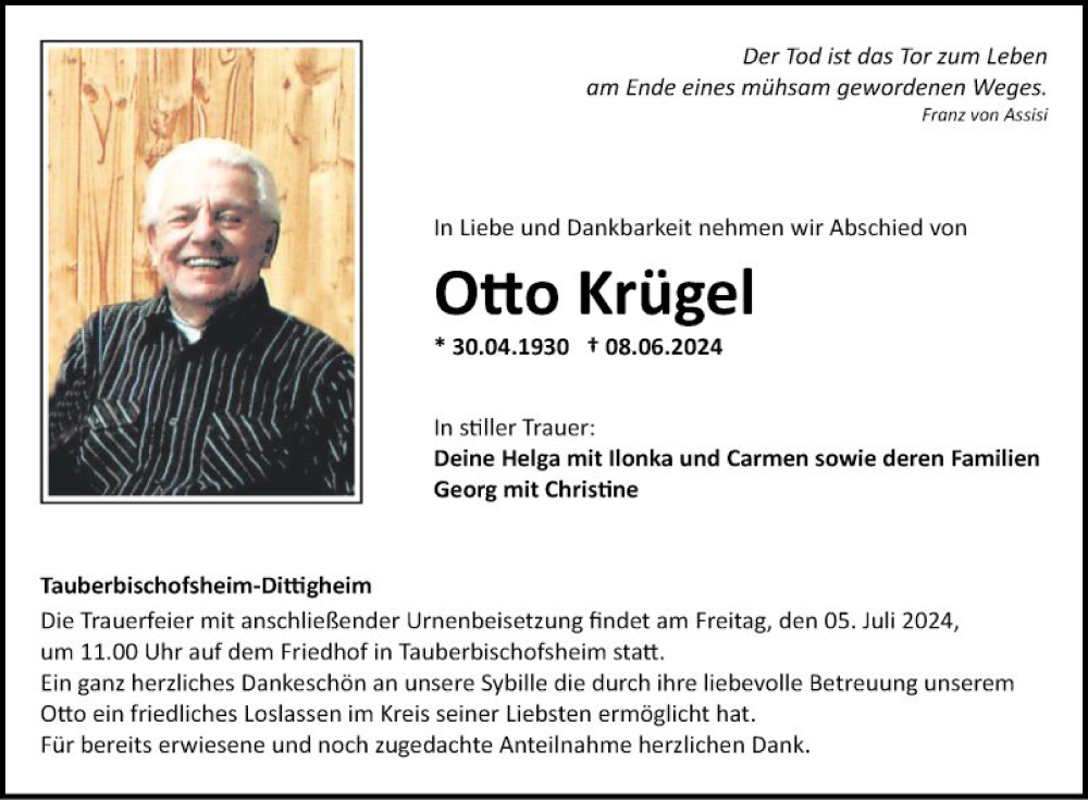  Traueranzeige für Otto Krügel vom 02.07.2024 aus Fränkische Nachrichten