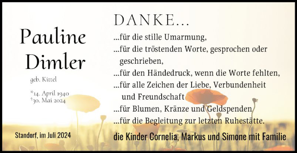  Traueranzeige für Pauline Dimler vom 16.07.2024 aus Fränkische Nachrichten