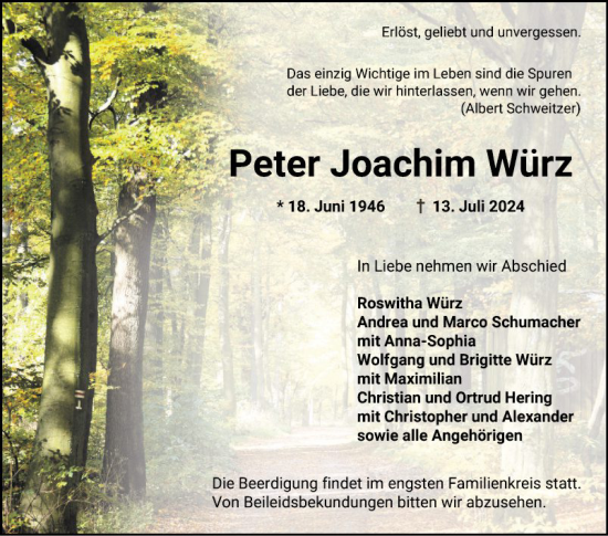 Traueranzeige von Peter Joachim Würz von Bergsträßer Anzeiger